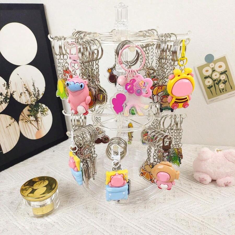 Adjustable 2-Tier Rotating Keychain Display Rack, Multi-Functional Plastic Desktop Storage Organizer, Suitable For Storing Keychains, Badges, Jewelry, Necklaces - 2 layers of transparent - View 1
