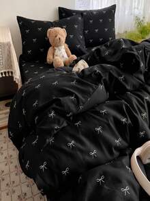 2/3pcs Ins Style Black Small Bow Pattern Duvet Cover Bedding Set, Soft Breathable Wrinkle-Resistant, Double-Sided Dual-Color Duvet Cover*1 Pillowcase*1/2 - Black - View 6