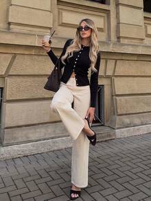 Elegant Women's Long Sleeve Ribbed Cardigan, Lightweight Round Neck Knit Top With Gold Buttons, Perfect For Autumn Layering - Black - View 3