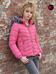 Chamarra Acolchada Para Niña Con Capucha Desmontable Y Peluche, Cierre Frontal, Bolsillos Con Cierre, Casual Para Invierno, Escuela, Paseos, Viajes Y Uso Diario Infantil Big City Moda Casual - Fucsia - Ver 3