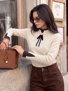 Women's Autumn/Winter 2 In 1 Turtleneck Knit Sweater, New Stylish Long Sleeve Top Fall - Apricot - View 2