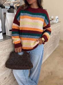 Just Masa Women's Fall Casual Multi-Striped Colorblock Sweater Pullover,Loose Long Sleeve Round Neck Rib-Knit Top,For Daily Wear,Going Out,Halloween - Colorful Stripes - View 9