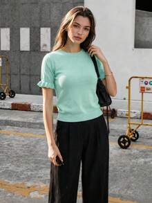 Women's Casual Yellow Round Neck Ruffle Short Sleeve Loose Fit T-Shirt, Spring/Summer Style, Suitable For Dating And Daily Wear - Cadet Blue - View 6
