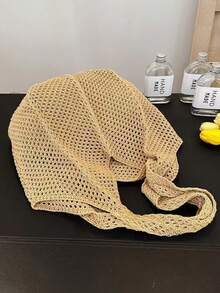 1pc Knitted Shoulder Bag, Multifunctional Tote Bag, Women's Large Capacity Open Top Hollow Handmade Woven Solid Color Polyester - A - View 8