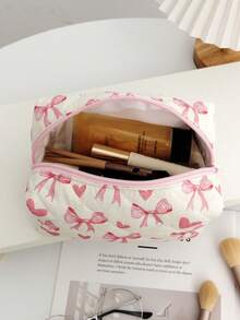 Tas Kosmetik Quilted Putih Krem dengan Pita Pink & Motif Hati, Tas Make Up Travel Kapasitas Besar - MultiWarna - View 7