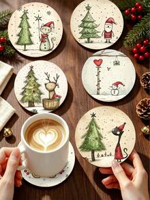 6/1pc Christmas Coaster Set, Round Ceramic Coffee Drink Coasters, Snowman, Santa Claus, Christmas Tree Patterns, Winter Holiday Tabletop Decor, Suitable For Home Kitchen Bar Party, Christmas Decoration And Holiday Gift - Multicolor - View 2