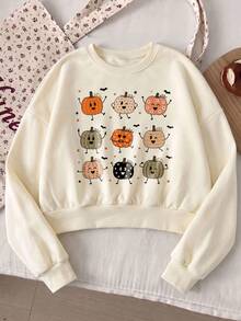 Halloween Cute Cartoon Pumpkin Print Cropped Sweatshirt, Crew Neck Long Sleeve Pullover With Ribbed Hem, Sweet Fall Outfit For Back To School & Party - Apricot - View 5
