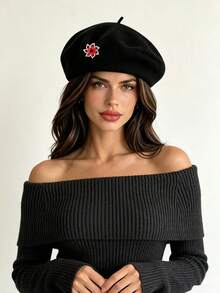 1pc Fashion Classic Warm Solid Color Beret Hat Painter Cap Flower (Detachable Accessory) - Black - View 4