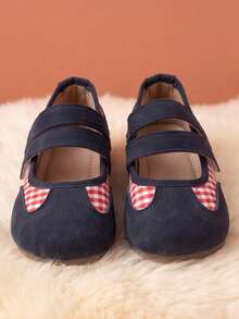 Infant Soft Sole Mary Jane Flats, Navy Suede Plaid Patchwork, Double Hook And Loop Round Toe Non-Slip Baby Shoes - Navy Blue - View 3