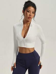 Hidkat Women's Fashion Solid Color Zip-Up Cardigan Stand Collar Long Sleeve Knit Yoga Casual Sports Jacket - White - View 4