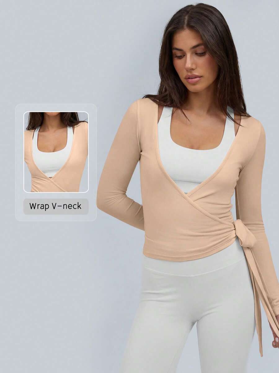 NcmRyu Women's 1pc Solid Color Wrap Cross V-Neck Side Long Tie Knot Fitted Long Sleeve Cover-Up - Beige - View 1