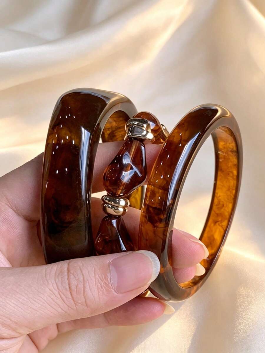 3件組時尚復古厚款多色不對稱壓克力手環套組,適合女性日常配戴,送給朋友與家人的禮物 - 彩色 - 查看 1