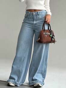 Women's Loose Fit Long Wide Leg Jeans, Casual Party Style With Button, Medium Stretch - Light Wash - View 5