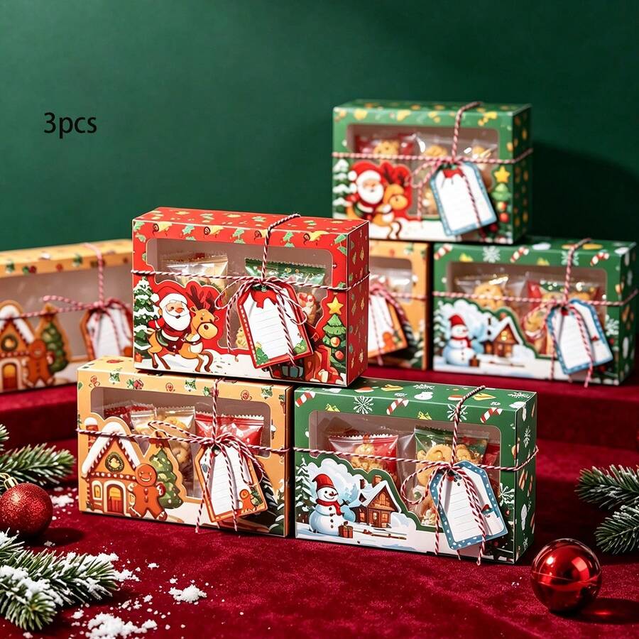 3pcs/Pack Christmas Kraft Paper Gift Boxes With PVC Window, Candy Boxes, Cookie Boxes, Dessert Boxes, Party Favors, Includes Rope And Card Decoration - View 1