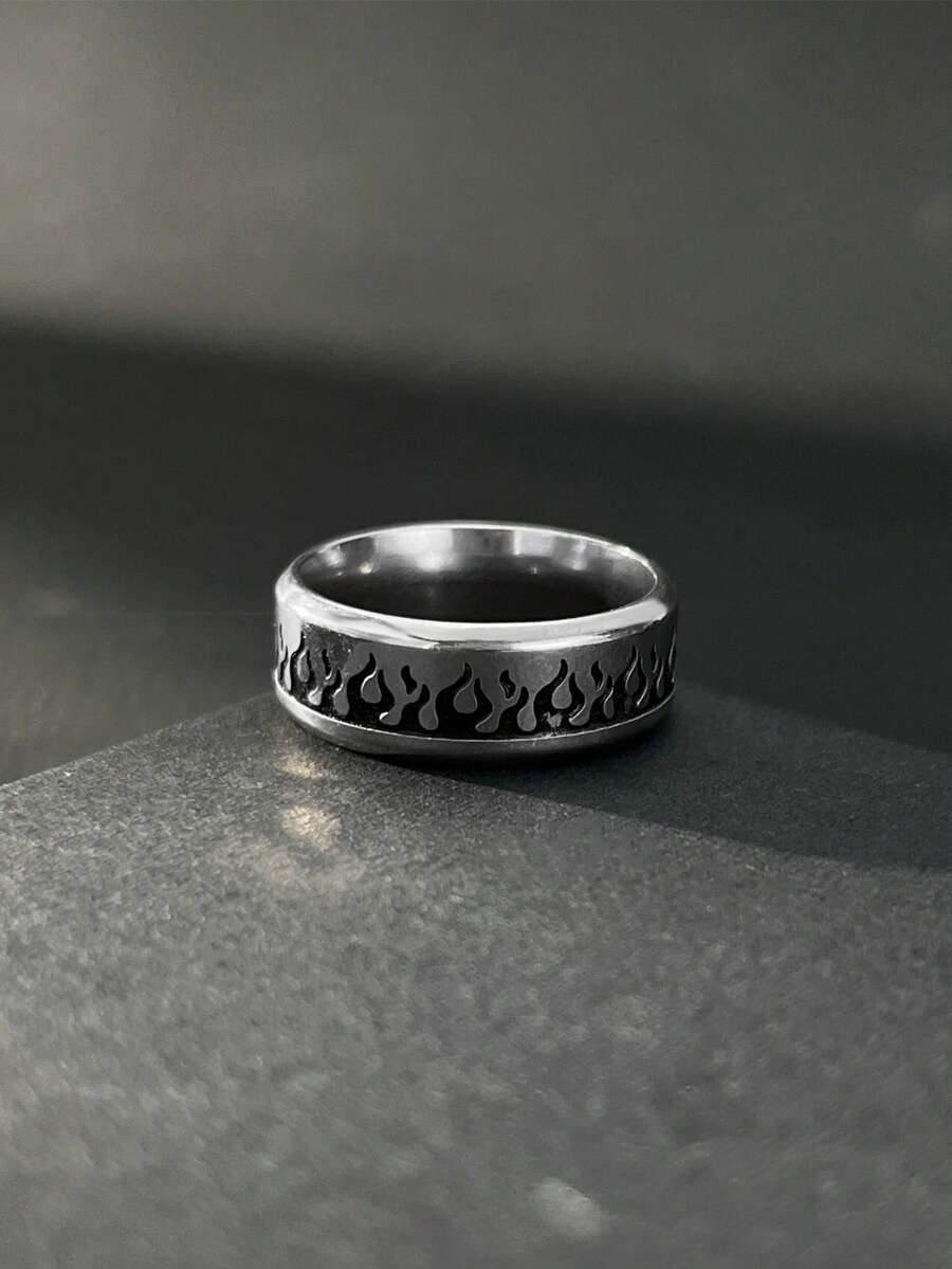 Cool Street‑Style Men Ring, Vintage Stainless Steel, Ring With Surrounding Flame Engraving, Jewelry For Men Daily Wear - Silver - View 1