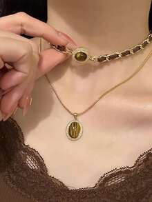 2pcs Vintage Malachite Heart & Tiger Eye Stone Tassel Necklace, Simple Sweater Chain Accessory For Women - Multicolor - View 3