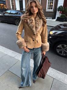 ZAHM Faux Suede Winter Coat For Women, Faux Fur Collar Cuffs Lapel Short Warm Jacket With Pockets - Camel - View 1