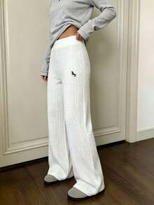 Fall/Winter Embroidered Cable-Knit Flared Pants,Daily Commute Casual Elegant White Embroidered Pony Logo Loose-Fitting Flared Pants - White - View 2