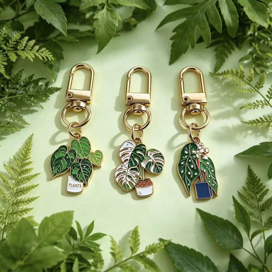 3pcs Plant Lover Metal Enamel Keychain, Monstera Deliciosa & Caladium Leaf Design Bag Charm, Detachable Spring Clip Key Holder, Fresh Botanical Style Accessory, Birthday Gift For Women Gardening Enthusiasts, Exquisite & Beautiful, Decorate Keys, Backpacks, Handbags, Green Plant Mom Gift - Multicolor - View 1