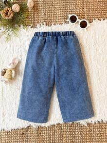 1pc Baby Girl Sweet Floral Applique Blue Long Pants, Casual Vacation Autumn Style - Light Wash - View 4