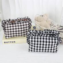 Bolsa de maquillaje estilo coreano con diseño de borde fruncido, patrón de cuadros fresco y gran capacidad de almacenamiento. - Multicolor - Ver 5