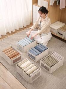 1pc Beige Fabric Clothes Storage Box, Foldable Closet Organizer Bin With Visible Window, Home Drawer-Style Jeans Storage & Organization Box - Beige With Lid - View 3