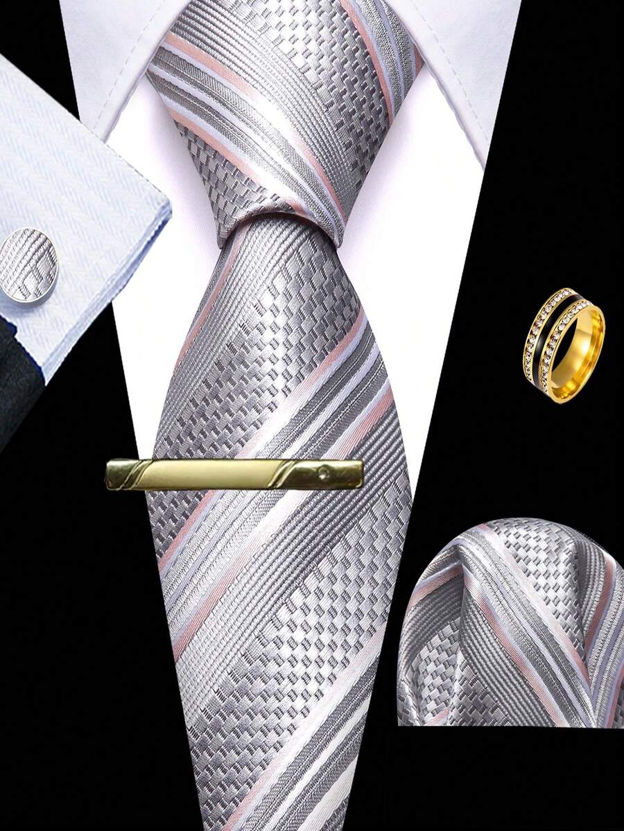 5Pcs Men Light Grey Striped Tie Accessories Set Pocket Square Cufflinks Tie Clip Ring For Prom Banquet Holiday - Light Grey - View 1