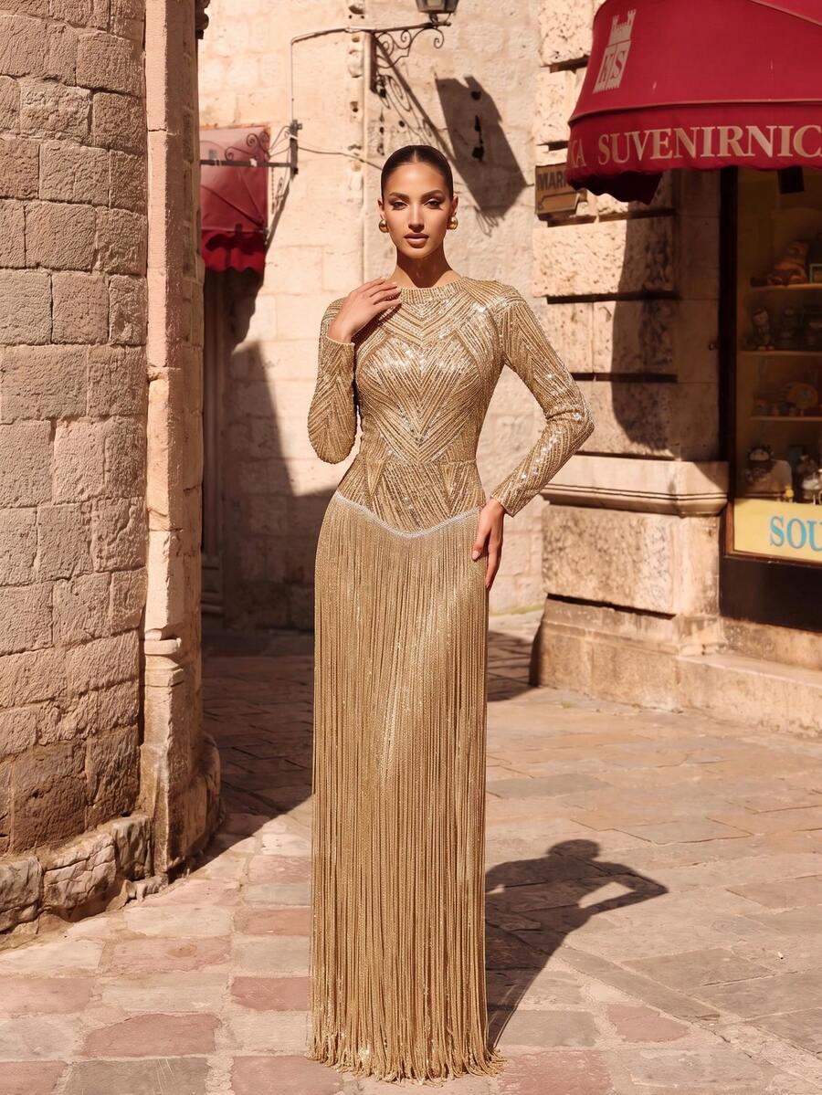 LOVE&LEMONADE Luxurious Women's Stand Collar Long Sleeve Gold Sequin Extra Long Tassel Party Evening Gown Dress - Gold - View 1