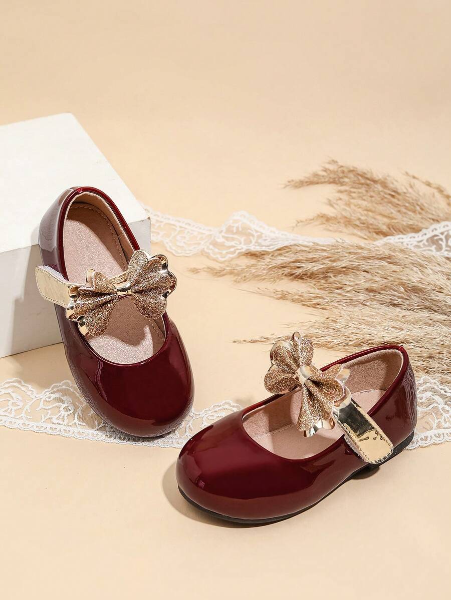 1 Pair Girls Contrast Color Bow Round Toe Flat Shoes Suitable For Autumn/Winter Daily Wear - Burgundy - View 1