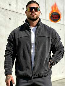 Men's Fleece Casual Solid Color Long Sleeve Jacket, Versatile For Autumn/Winter - Dark Grey - View 4