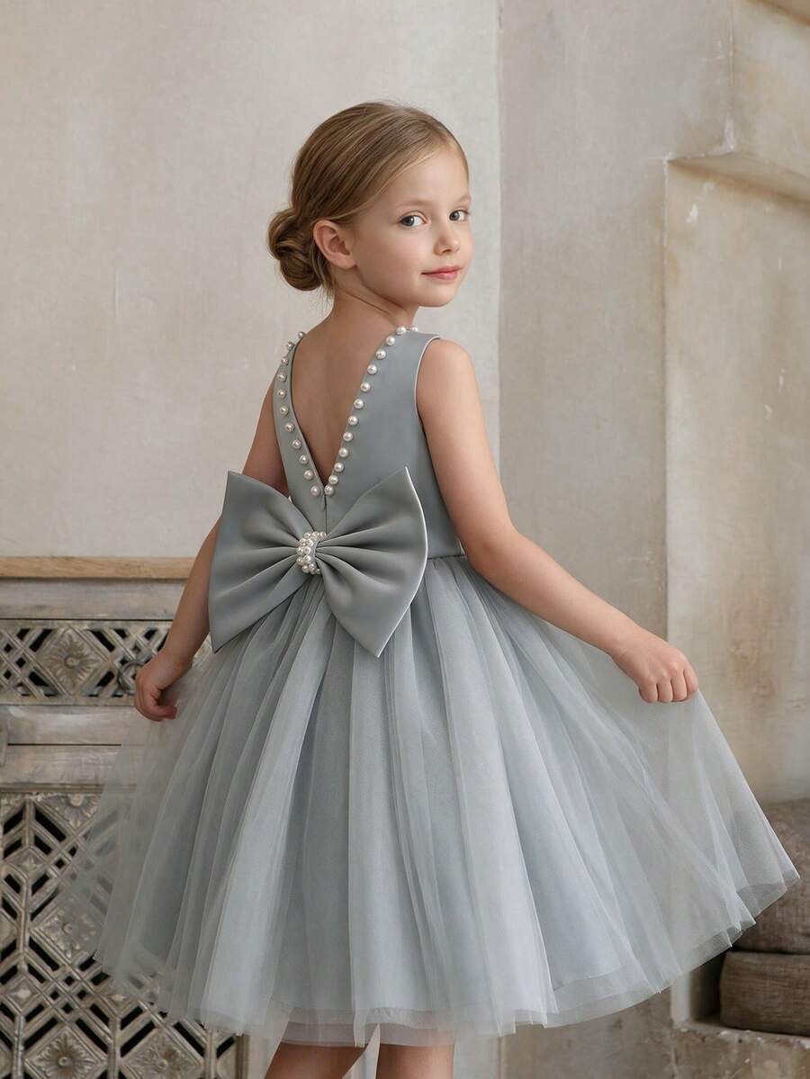 Young Girl Pearl Decor Bow Back Deep V Party Dress, Suitable For Birthday Party, Gift, Evening Gala, Dance, Holiday Celebration, Wedding Flower Girl Dress - Grey - View 1