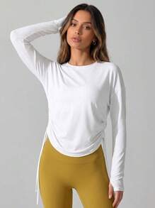Never me Women's Sports T-Shirt Round Neck Long Sleeve Loose Fit Pullover Side Drawstring Ruched Design Thumb Hole Detail Yoga Pilates Outdoor Jogging Daily Commute - White - View 6