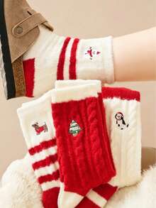 Christmas Embroidered Mink Fur Fleece Round Neck Socks, Twisted Texture Cute Dog Snowman Tree Pattern, Soft Warm Red & White Holiday Socks, Suitable For Women Daily Wear - Multicolor - View 9