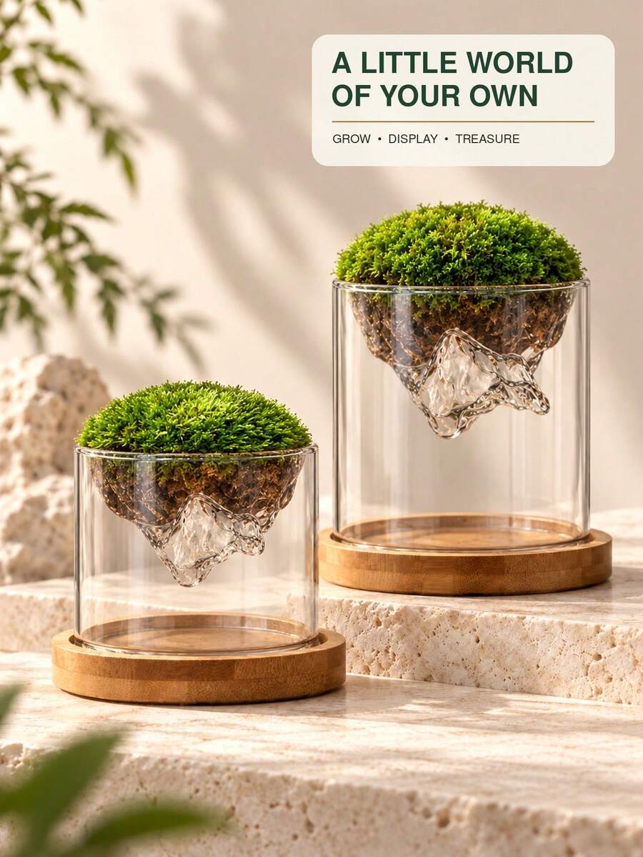 Creative Floating Mountain Landscape Glass Plant Terrarium, Dual-Use Moss Bonsai & Hydroponic Flower Vase, Bamboo Wood Base Collectible Display Ornament, Suitable For Photos, Stones, Shells And Other Small Items, Modern Home Desktop Decor, Multiple Sizes Available - A - View 1