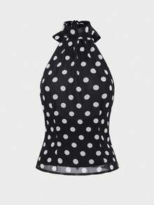 QUNGIGU Women Polka Dot Halter Top Backless Chiffon Shirts Casual Summer Apparel For Beach Vacation Daily Wear - Black and White - View 5