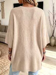 Plus Size Women's Loose Fit Minimalist Casual Everyday Style Autumn/Winter European & American Commuter Solid Color Crew Neck 3/4 Sleeve Split Hem Pullover Sweater - Apricot - View 5