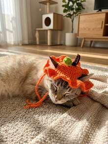 1pc Pet Hat Orange Knitted Cat Hat, Cute Handmade Crochet Halloween Costume Accessories, Soft Ruffled Pet Headpieces For Cats And Dogs' Birthday Party Photo Props, Fun Holiday Role-Playing Hats - Multicolor - View 4