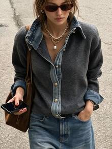 Vintage Preppy Style Denim Collar Knit Cardigan Jacket, Long Sleeve Button Down Loose Women Autumn Daily Sweater Coat - Grey - View 2