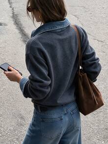Vintage Preppy Style Denim Collar Knit Cardigan Jacket, Long Sleeve Button Down Loose Women Autumn Daily Sweater Coat - Grey - View 4