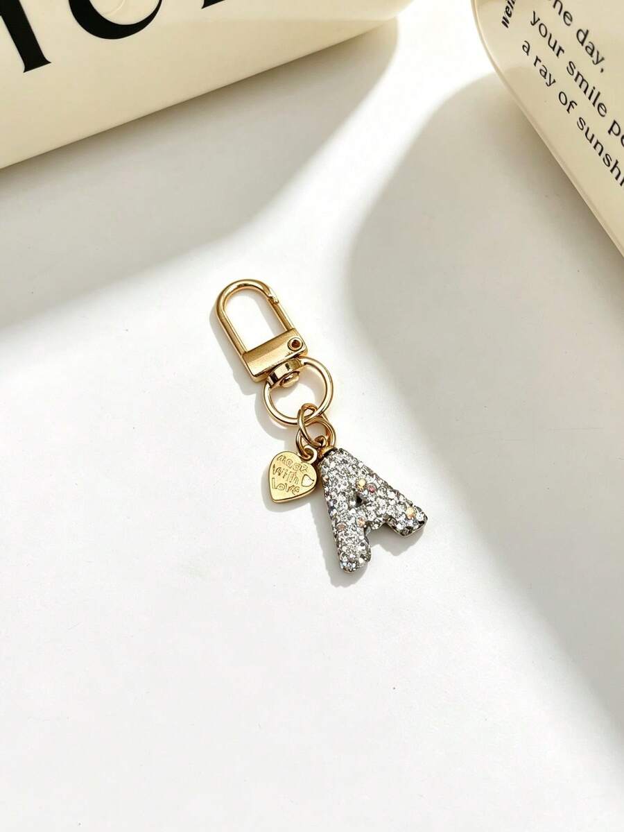 1pc Sparkling Rhinestone Inlaid 26 Letters Heart Pendant Car Key Bag Charm Necklace Friendship Couple Gift - Random Styles - View 1
