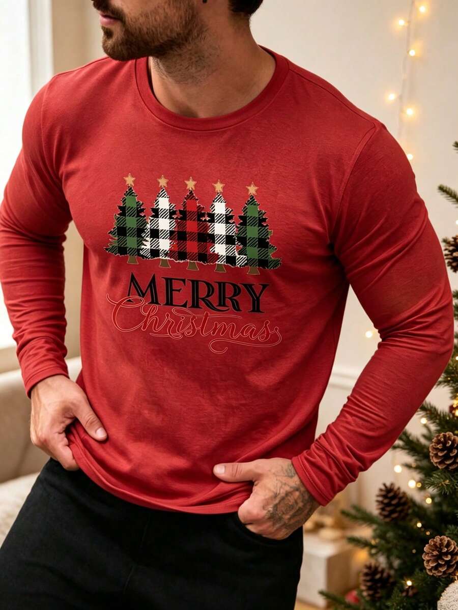 Men's Christmas Element Print Long Sleeve T-Shirt Top - Multicolor - View 1
