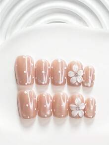 10片裝秋季極簡手工穿戴甲，波點花卉白色 Poly Gel 美甲套組，可愛風格，含美甲工具，3種尺寸可選，方型/短方型/杏仁形，適合派對、跳舞、日常配戴（手工細節可能有所不同） - 彩色 - 查看 17