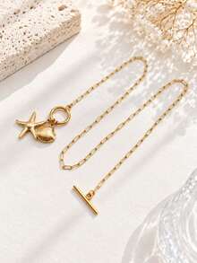 1pc Stainless Steel 18K Gold Plated Ocean Style Hollow Starfish & Scallop Shell Pendant OT Clasp Necklace - Multicolor - View 4