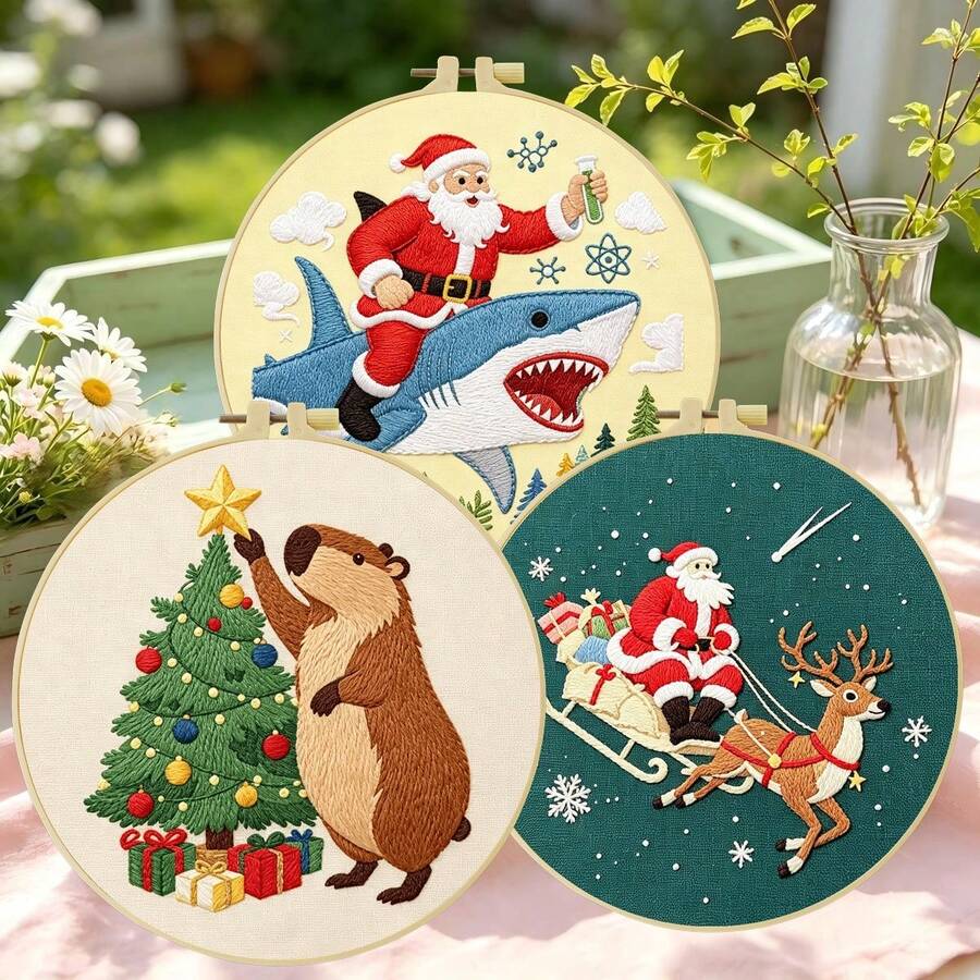 1PC 15*15cm/5.9*5.9in 20*20cm/7.9*7.9in,Christmas Decorations Embroidery Kit, DIY Handmade Embroidery Set For Adult Beginners, Home Gift, Women's Sewing Gift, Including User Manual, Printed Pattern Fabric, Embroidery Frame, Needle And Thread. - 15X15CM - View 1