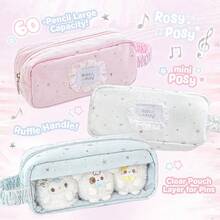 Rosyposy 1pc Cute Star Print Ita Bag Pencil Case With Clear Plush Doll Window, Large Capacity Pencil Pouch With Ruffle Handle, School Stationery - Lace Window - View 3