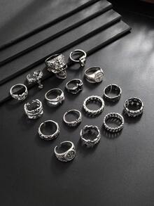 16pcs/Set Vintage Punk Gothic Style Multi-Element Combination Ring Set, Metal Skull Cross Decor Rings, Men's Rock Street Fashion Accessories - Antique Silver - View 2