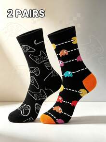 2 Pairs Vintage Game Themed Mid-Calf Socks, Fun Controller & Pattern, Style, Comfortable Material, Great Outfit Accessory For Gaming Enthusiasts - Multicolor - View 6