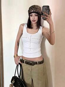Atasan Crop Tanpa Lengan Model U-Neck dengan Hiasan Berlian Imitasi, Tank Top Cokelat Gaya Amerika Vintage Lusuh untuk Musim Panas Kasual Putih - Putih - View 3