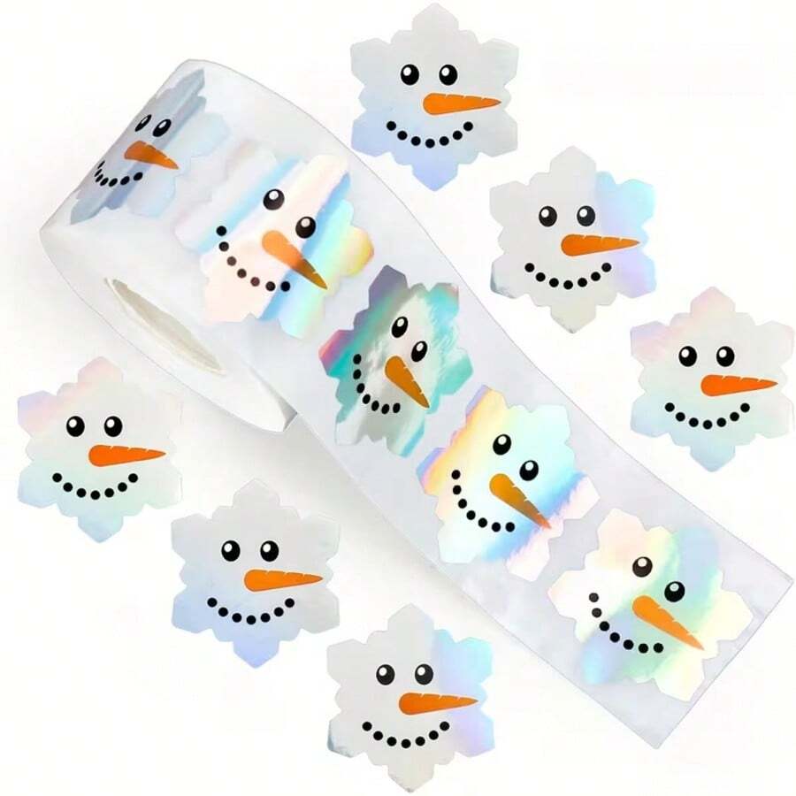 500pcs Holographic Laser Snowman Graffiti Stickers, Silver Laser Envelope & Magazine Decoration, Holiday Party DIY Decor, Christmas New Year PVC Waterproof Self-Adhesive Decals