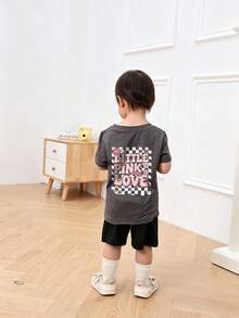 Baby GirlMinimalist Plaid Graffiti & Letter Print Round Neck Short Sleeve Cute Top - Dark Grey - View 3